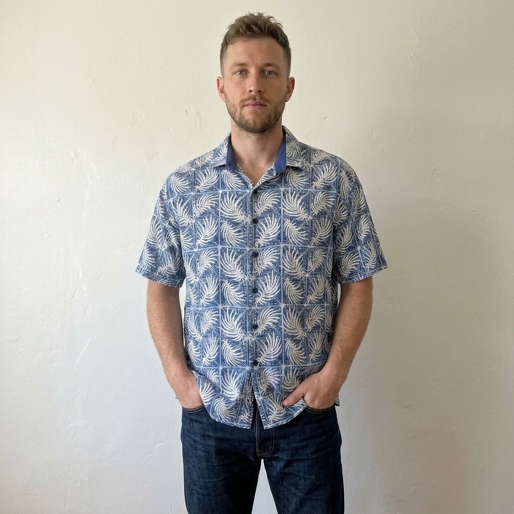 Nat Nast Mens Shirt XL Blue Silk Cotton Palm Print Short Sleeve‎ Resort Coastal